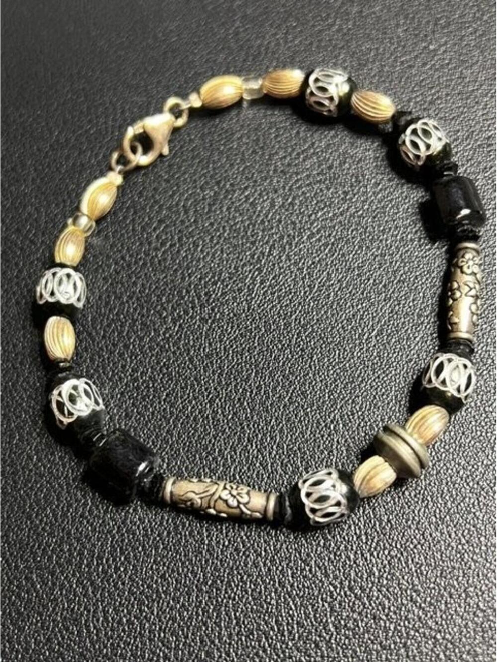 B5325 Sterling Silver Beaded Bracelet 8" Black etched Mixed Bead Design 9.5g